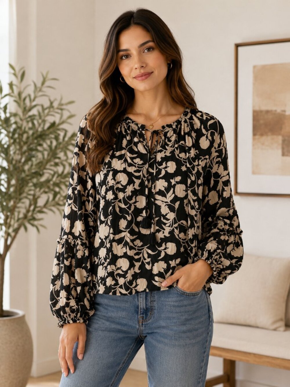 Knox Rose Floral Long Sleeve Top Blouse SZ XL Black Tan Tassel Tie Boho Rayon